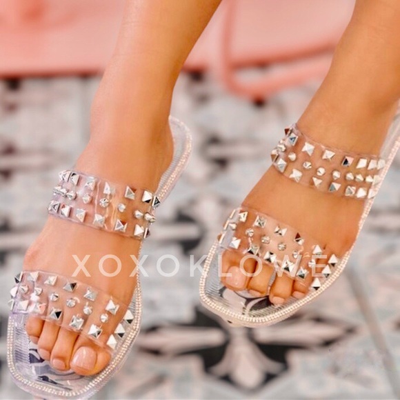 Clear Silver Stud & Rhinestone Jelly Sandal Slides - Picture 14 of 15
